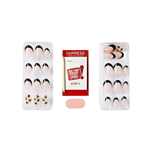 KISS imPRESS Holiday Press on Nails, Soft Glowing Snow, Beige, Short Oval, 30 Count