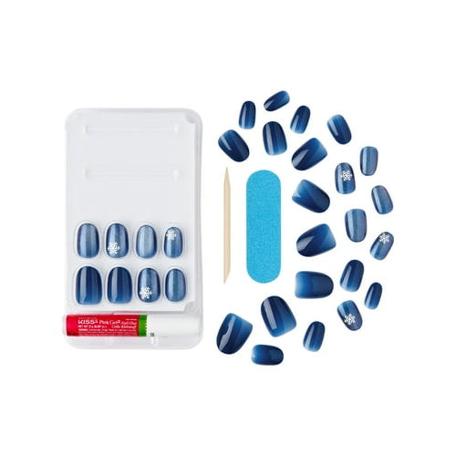 KISS Voguish Fantasy, Holiday Press on Nails, Merry Clause, Blue, Short Oval, 28 Count