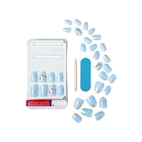 KISS Voguish Fantasy Holiday, Press on Nails, Snowman Nose, Blue, Short Oval, 28 Count
