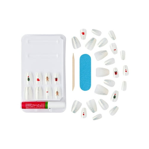 KISS Voguish Fantasy, Holiday Press on Nails, Fancy Elves, White, Short Coffin, 28 Count