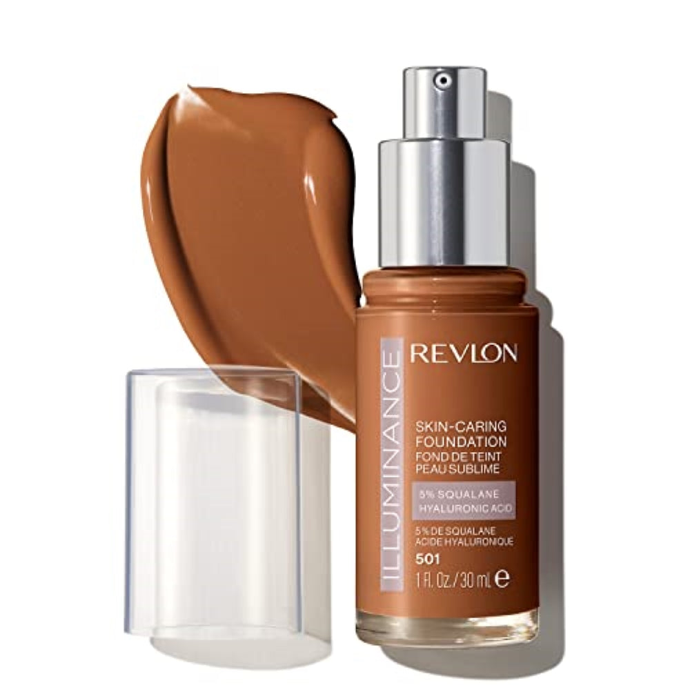 Revlon Illuminance Skin-Caring Liquid Foundation, Hyaluronic Acid, Hydrating and Nourishing Formula with Medium Coverage, 501 Toasted Caramel, 1 fl oz