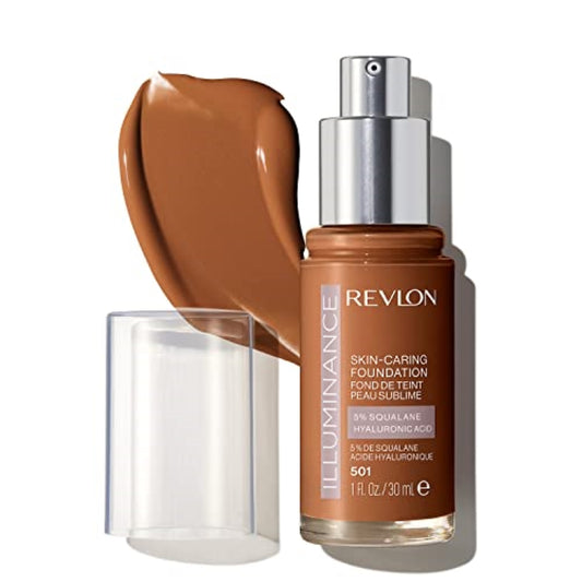 Revlon Illuminance Skin-Caring Liquid Foundation, Hyaluronic Acid, Hydrating and Nourishing Formula with Medium Coverage, 501 Toasted Caramel, 1 fl oz