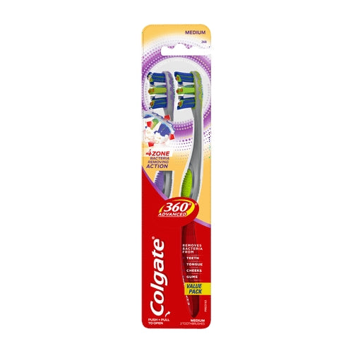Colgate 360 Advanced 4 Zone Manual Toothbrush with Tongue and Cheek Cleaner, Medium, 2 Ct