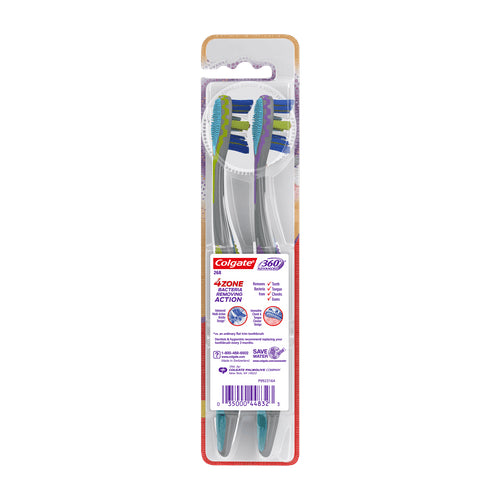 Colgate 360 Advanced 4 Zone Manual Toothbrush with Tongue and Cheek Cleaner, Medium, 2 Ct