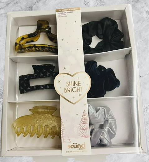 New Scunci 6 Piece Holiday Gift Box "Shine Bright" 3 Claw Clips 3 Scrunchies