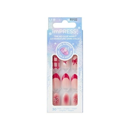 KISS imPRESS Holiday Press on Nails, Design, Yule Be Happy, Pink, Medium Almond, 30 Count