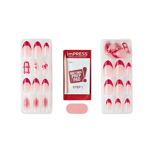 KISS imPRESS Holiday Press on Nails, Design, Yule Be Happy, Pink, Medium Almond, 30 Count