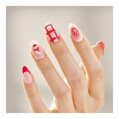 KISS imPRESS Holiday Press on Nails, Design, Yule Be Happy, Pink, Medium Almond, 30 Count