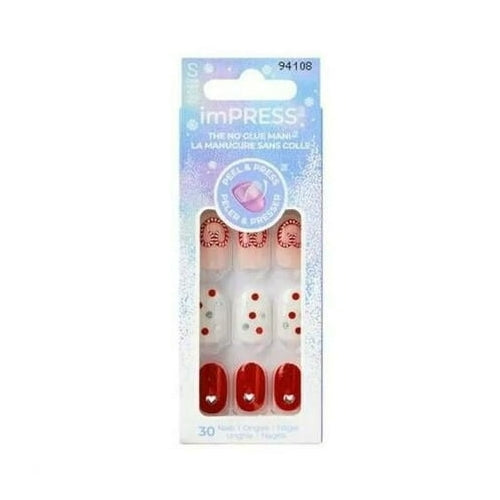 KISS imPRESS Press on Nails, Design Holiday, Midwinter, Red, Short Oval, 30 Count