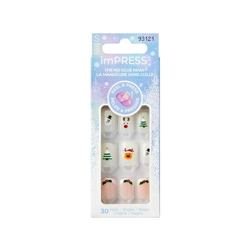 KISS imPRESS Holiday Press on Nails, Design, Holiday Playlist, White, Short Squoval, 30 Count