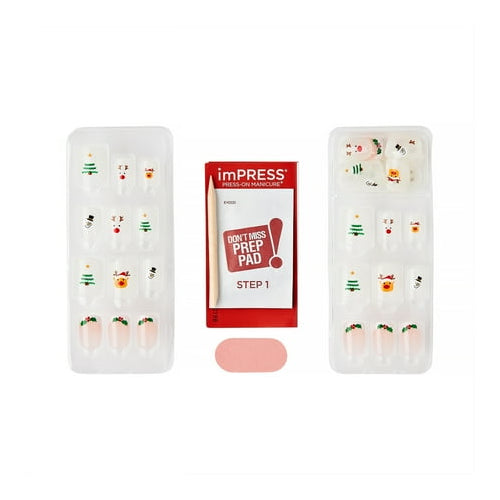 KISS imPRESS Holiday Press on Nails, Design, Holiday Playlist, White, Short Squoval, 30 Count