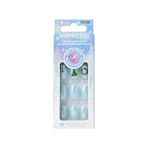 KISS imPRESS Holiday Press on Nails, Design, Frosty Tale, Blue, Short Oval, 30 Count
