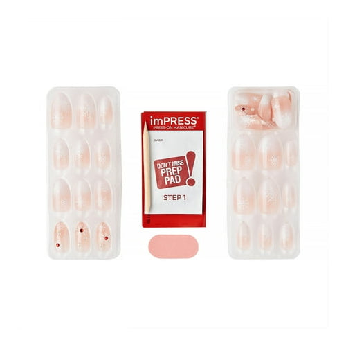 KISS imPRESS Holiday Press on Nails, Design, Timeless Carols, Beige, Medium Almond, 30 Count