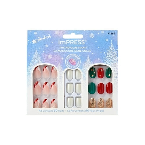 KISS imPRESS Press on Nails, Holiday Gift Set Holiday, Gift Set 03, Multicolor, Medium Almond, 90 Count