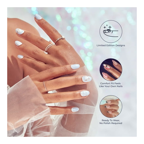 KISS Voguish Fantasy Holiday, Press on Nails, Bring Me Love, White, Short Almond, 28 Count