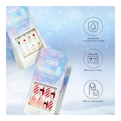 KISS Voguish Fantasy, Holiday Press on Nails, Nutty Elves, Multicolor, Medium Square, 28 Count