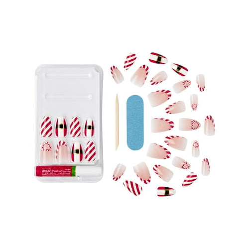 KISS Voguish Fantasy, Holiday Press on Nails, Jolly Jolly, Red, Medium Almond, 28 Count