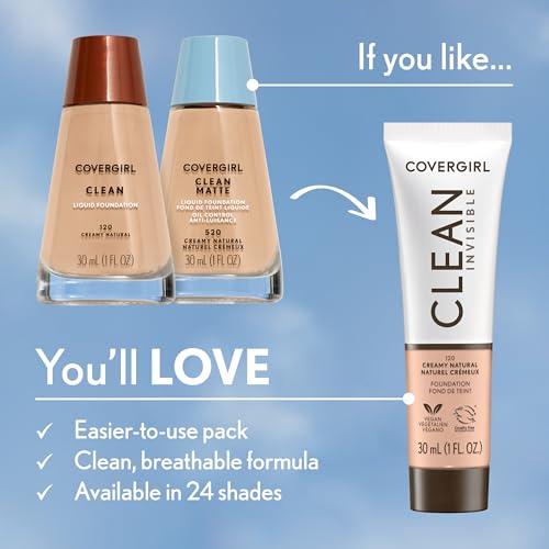 COVERGIRL Clean Invisible Foundation Makeup, Dewy & Glowy Natural Finish, Buildable Coverage, Skin-Like Smooth Look, Vegan, Deep Bronze, 1oz