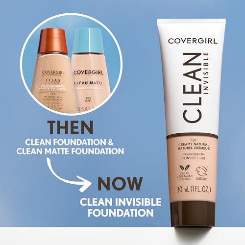 COVERGIRL Clean Invisible Foundation Makeup, Dewy & Glowy Natural Finish, Buildable Coverage, Skin-Like Smooth Look, Vegan, Deep Bronze, 1oz