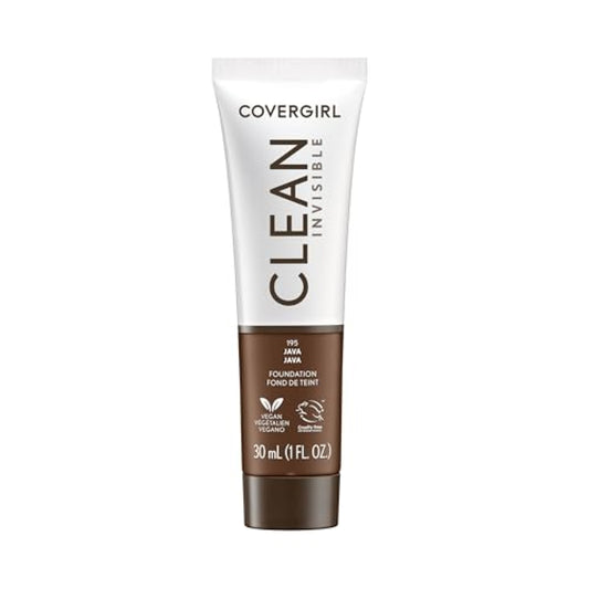 COVERGIRL Clean Invisible Foundation Makeup, Dewy & Glowy Natural Finish, Buildable Coverage, Skin-Like Smooth Look, Vegan, Java, 1oz