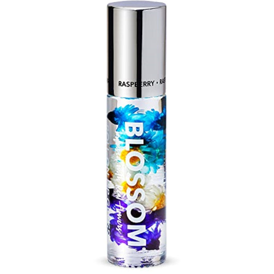 Blossom Roll on Lip Gloss, Scented Clear High Shine Moisturizing Lip Oil, Non Sticky, Infused with Real Flowers, Made in USA, 0.2oz, Raspberry