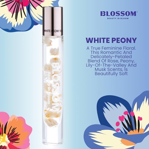 Blossom Roll on Perfume for Women Alcohol Free Rollerball Perfume Oil with Essential Oils, Infused with Real Flowers, Made in USA, 0.20oz (Rose, Peony, Lily of the Valley), White Peony