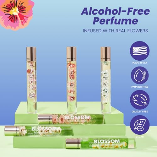 Blossom Roll on Perfume for Women Alcohol Free Rollerball Perfume Oil with Essential Oils, Infused with Real Flowers, Made in USA, 0.20oz (Rose, Peony, Lily of the Valley), White Peony