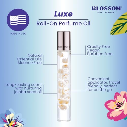 Blossom Roll on Perfume for Women Alcohol Free Rollerball Perfume Oil with Essential Oils, Infused with Real Flowers, Made in USA, 0.20oz (Rose, Peony, Lily of the Valley), White Peony