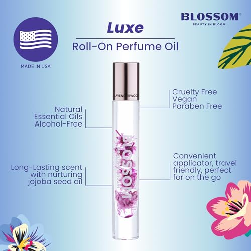 Blossom Roll on Perfume for Women Alcohol Free Rollerball Perfume Oil with Essential Oils, Infused with Real Flowers, Made in USA, 0.20oz (Sandalwood, cedar, Amber, Vetiver), Lavenderwood
