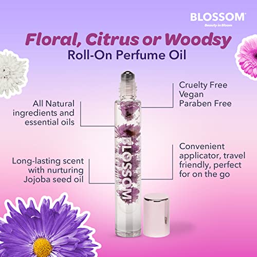 Blossom Roll on Perfume for Women Alcohol Free Rollerball Perfume Oil with Essential Oils, Infused with Real Flowers, Made in USA, 0.20oz (Sandalwood, cedar, Amber, Vetiver), Lavenderwood
