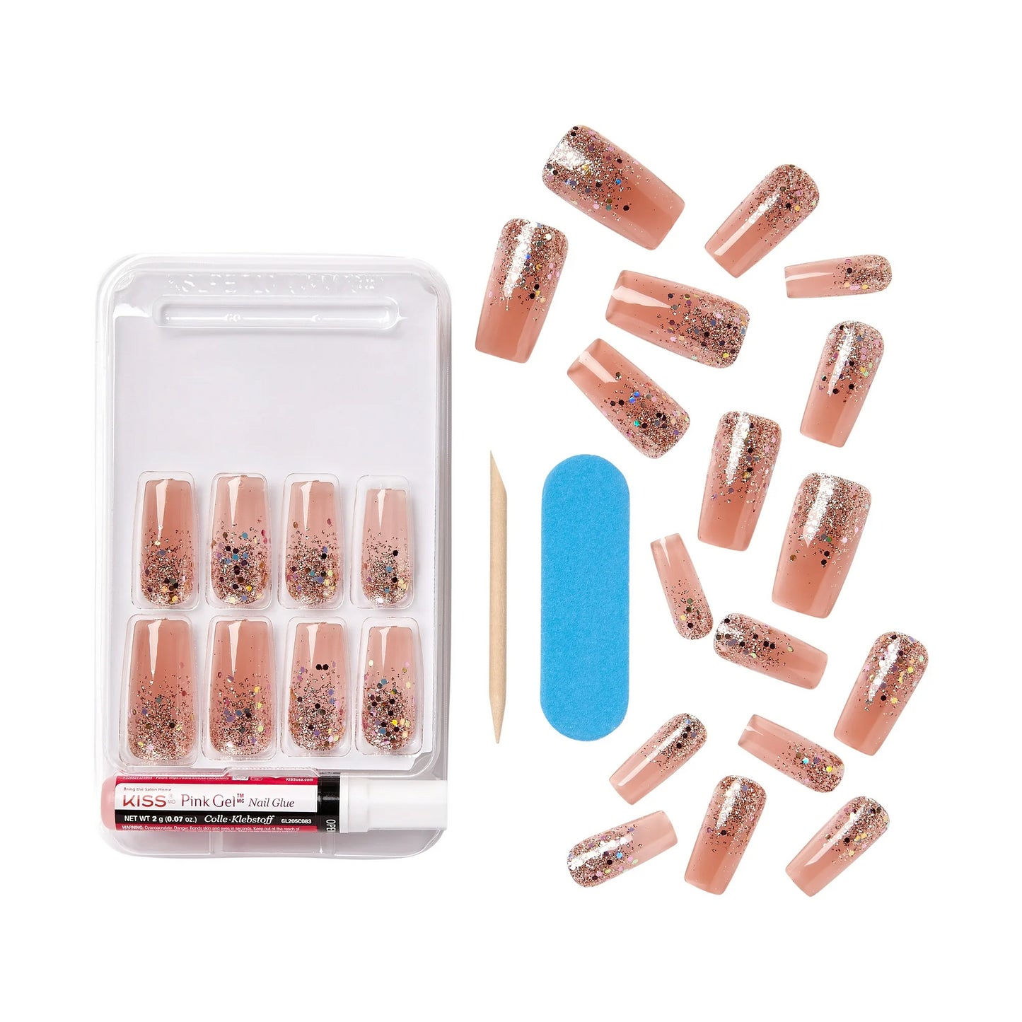 KISS Gel Fantasy Long Length Nails- Sorry Not Sorry, 24 Count, Bling Nude