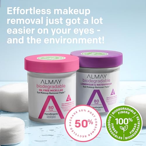 Almay Biodegradable Makeup Remover Pads, Micellar Gentle, Hypoallergenic, Fragrance-Free, Dermatologist & Ophthalmologist Tested, 80 Count