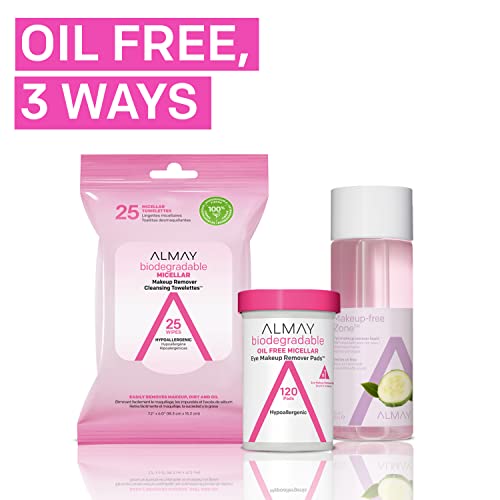 Almay Biodegradable Makeup Remover Pads, Micellar Gentle, Hypoallergenic, Fragrance-Free, Dermatologist & Ophthalmologist Tested, 80 Count