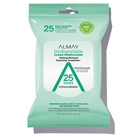 Almay Makeup Remover Cleansing Towelettes, Clear Complexion Wipes for Oily & Acne Prone Skin, Hypoallergenic, Cruelty- & Fragrance-Free, 25 Count