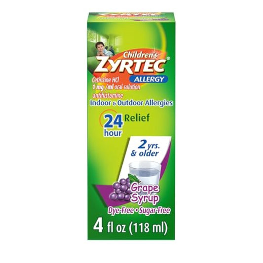 Zyrtec Children's 24 Hour Allergy Relief Syrup, 5 mg Cetirizine HCl Antihistamine, Kids Allergy Medicine for Indoor & Outdoor Allergy Relief, Dye-Free & Sugar-Free, Grape, 4 fl. oz