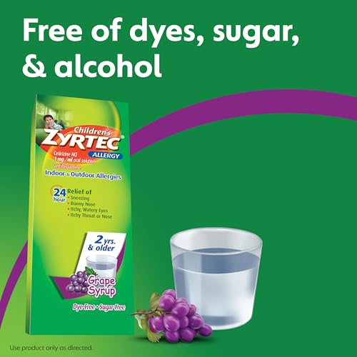 Zyrtec Children's 24 Hour Allergy Relief Syrup, 5 mg Cetirizine HCl Antihistamine, Kids Allergy Medicine for Indoor & Outdoor Allergy Relief, Dye-Free & Sugar-Free, Grape, 4 fl. oz