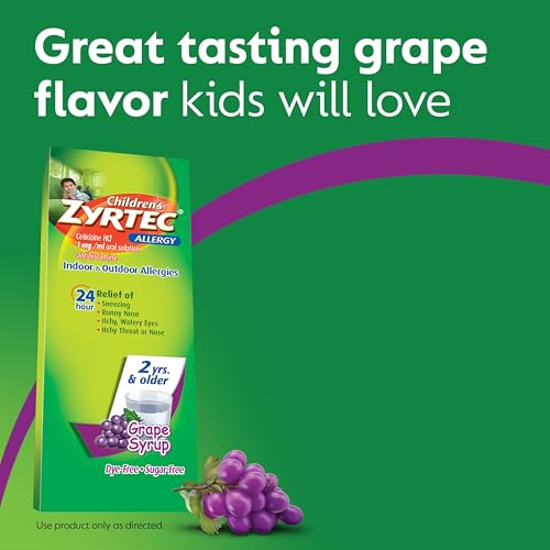 Zyrtec Children's 24 Hour Allergy Relief Syrup, 5 mg Cetirizine HCl Antihistamine, Kids Allergy Medicine for Indoor & Outdoor Allergy Relief, Dye-Free & Sugar-Free, Grape, 4 fl. oz