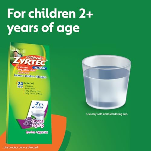 Zyrtec Children's 24 Hour Allergy Relief Syrup, 5 mg Cetirizine HCl Antihistamine, Kids Allergy Medicine for Indoor & Outdoor Allergy Relief, Dye-Free & Sugar-Free, Grape, 4 fl. oz