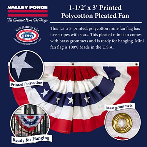 Valley Forge® American Fan Flag 1.5' x 3' Polycotton Sentinel® 100% Made in U.S.A. Stars and Stripes Bunting Canvas Header Brass Grommets Model PMF