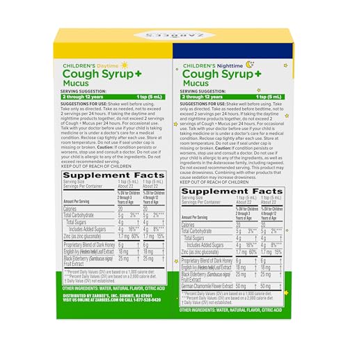 Zarbee's Children's Honey Cough Syrup + Mucus Day & Night Value Pack, Daytime & Nighttime Toddler Cough Syrup with Dark Honey & Ivy Leaf Extract, Mixed Berry Flavor, Two Pack, 2 x 4 fl. Oz
