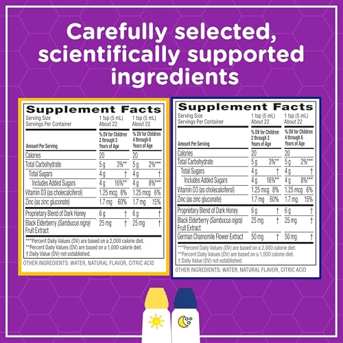Zarbee's Children's Honey Cough Syrup + Immune Day & Night Value Pack, Daytime & Nighttime Toddler Cough Syrup with Dark Honey, Real Elderberry, Vitamin D, & Zinc, Mixed Berry, Two Pack, 2 x 4 fl. oz