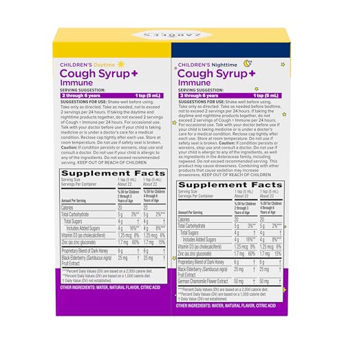 Zarbee's Children's Honey Cough Syrup + Immune Day & Night Value Pack, Daytime & Nighttime Toddler Cough Syrup with Dark Honey, Real Elderberry, Vitamin D, & Zinc, Mixed Berry, Two Pack, 2 x 4 fl. oz