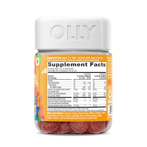 OLLY Kids Immunity Gummy, Immune Support, Wellmune, Elderberry, Vitamin C, Zinc, Chewable Supplement, Cherry - 50 Count