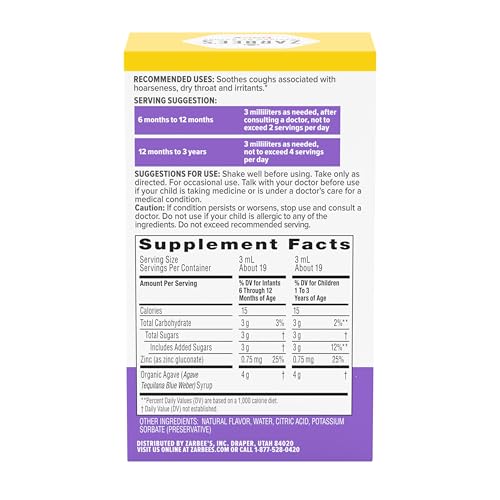 Zarbee's Baby Cough Syrup + Immune with Organic Agave + Zinc; Natural Grape Flavor; for Babies 6+ Months, 2 Fl Oz(Pack of 1)
