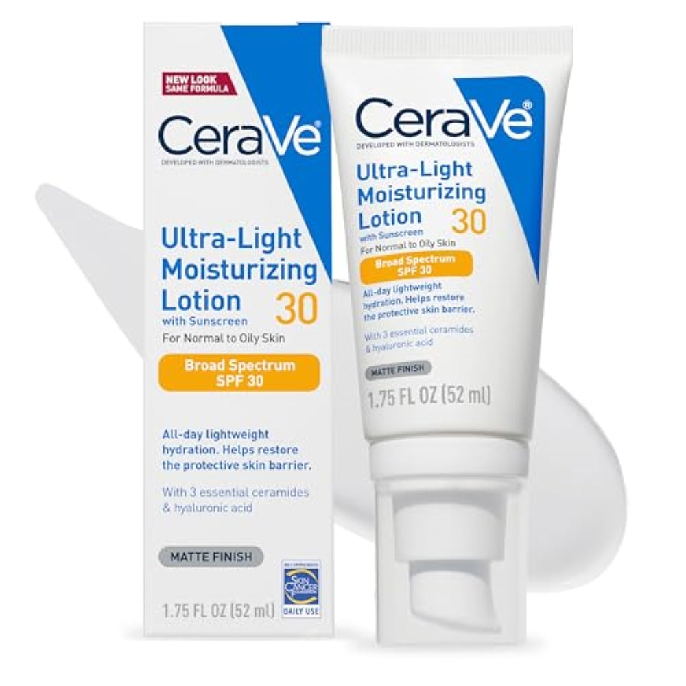CeraVe Ultra-Light Moisturizing Lotion With SPF 30, Daily Face Moisturizer with SPF, Formulated with Hyaluronic Acid & Ceramides, Broad Spectrum SPF, Oil Free, Matte Finish, 1.7 Ounce