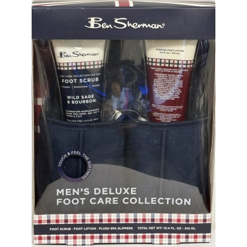 Ben Sherman Men's Delux Foot Care Gift Set -  Plush Slippers, Foot Scrub and Foot Lotion