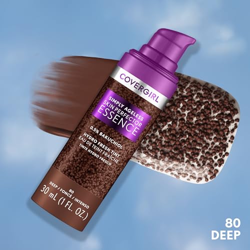 Covergirl Simply Ageless Skin Perfector Essence Foundation, 80 Deep, Tinted Skincare Makeup Hybrid, Sheer Tint, Radiant Finish, Glowy Finish, Vegan Formula, 1.0oz
