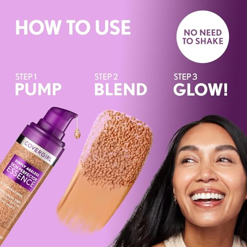 Covergirl Simply Ageless Skin Perfector Essence Foundation, 80 Deep, Tinted Skincare Makeup Hybrid, Sheer Tint, Radiant Finish, Glowy Finish, Vegan Formula, 1.0oz