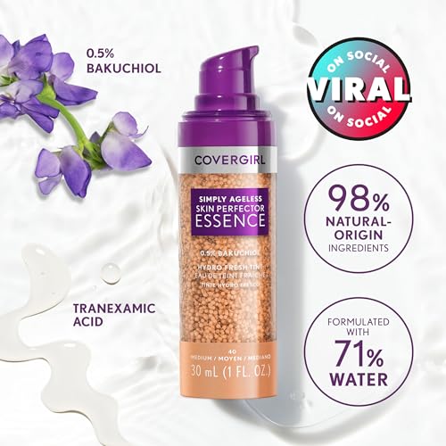 Covergirl Simply Ageless Skin Perfector Essence Foundation, 80 Deep, Tinted Skincare Makeup Hybrid, Sheer Tint, Radiant Finish, Glowy Finish, Vegan Formula, 1.0oz