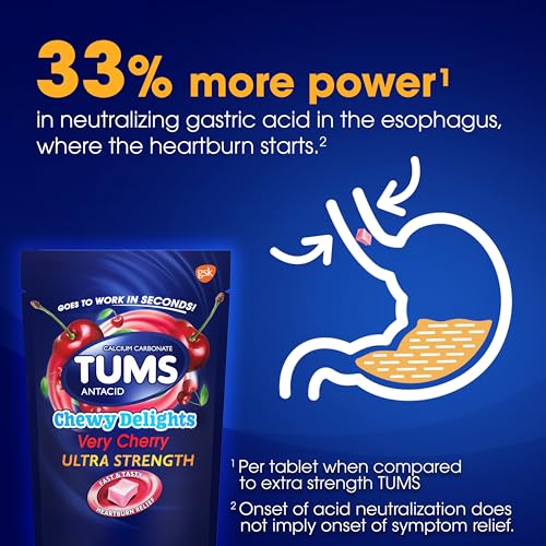 TUMS Chewy Delights Ultra Strength Antacid Soft Chews for Chewable Heartburn Relief and Acid Indigestion Relief, Very Cherry - 32 Count